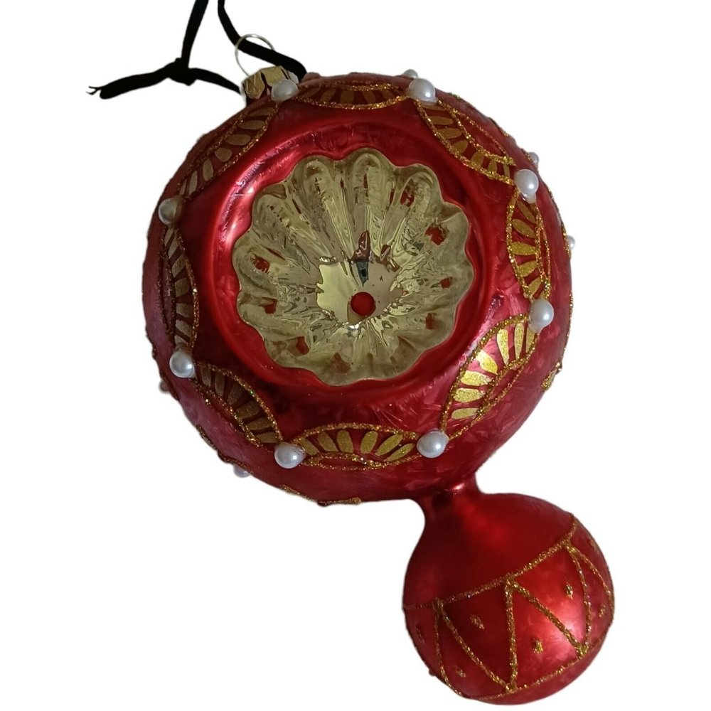 Vtg 2 Christmas Ornaments Indentd Facetd Blown Glass Red w/Gold Collectables - Picture 3 of 4